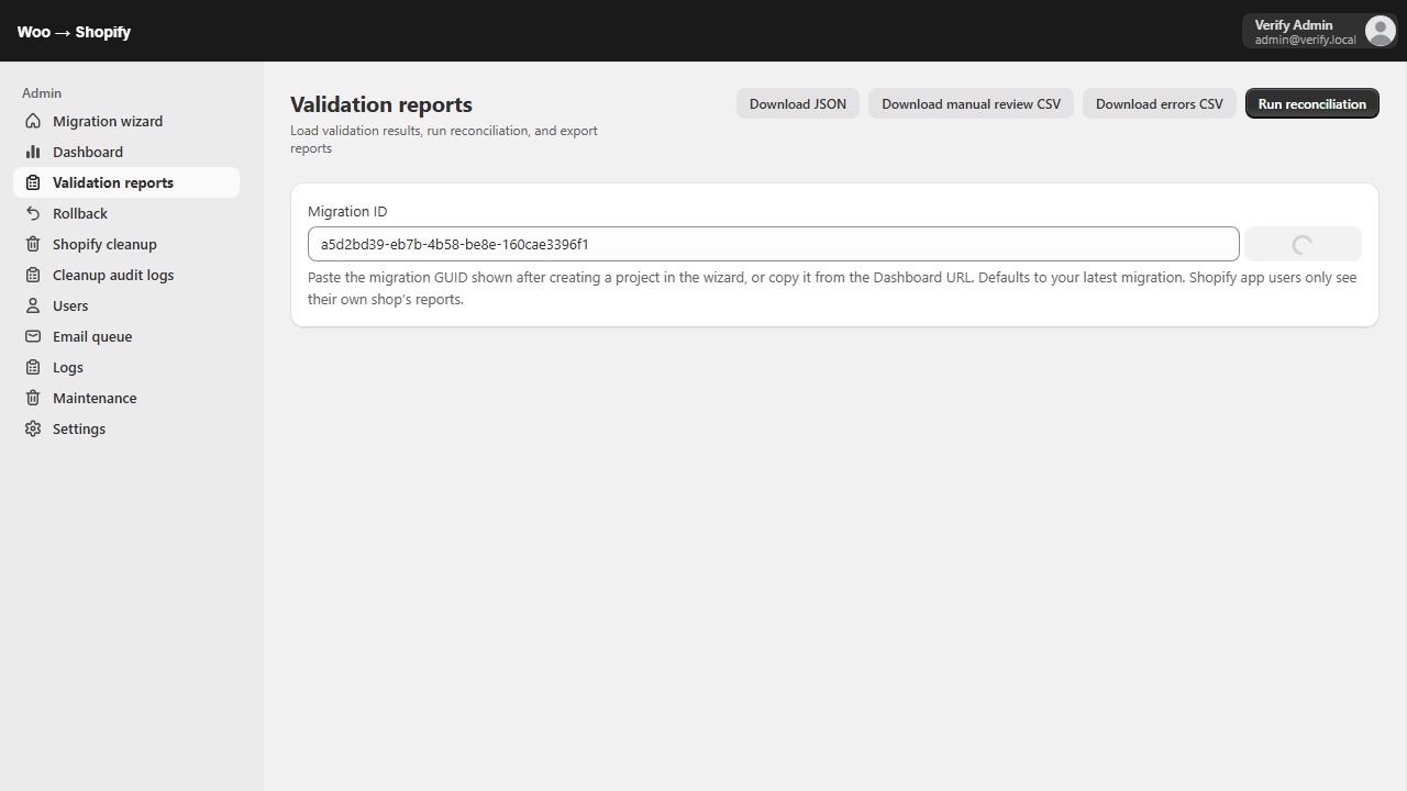 Validation reports page