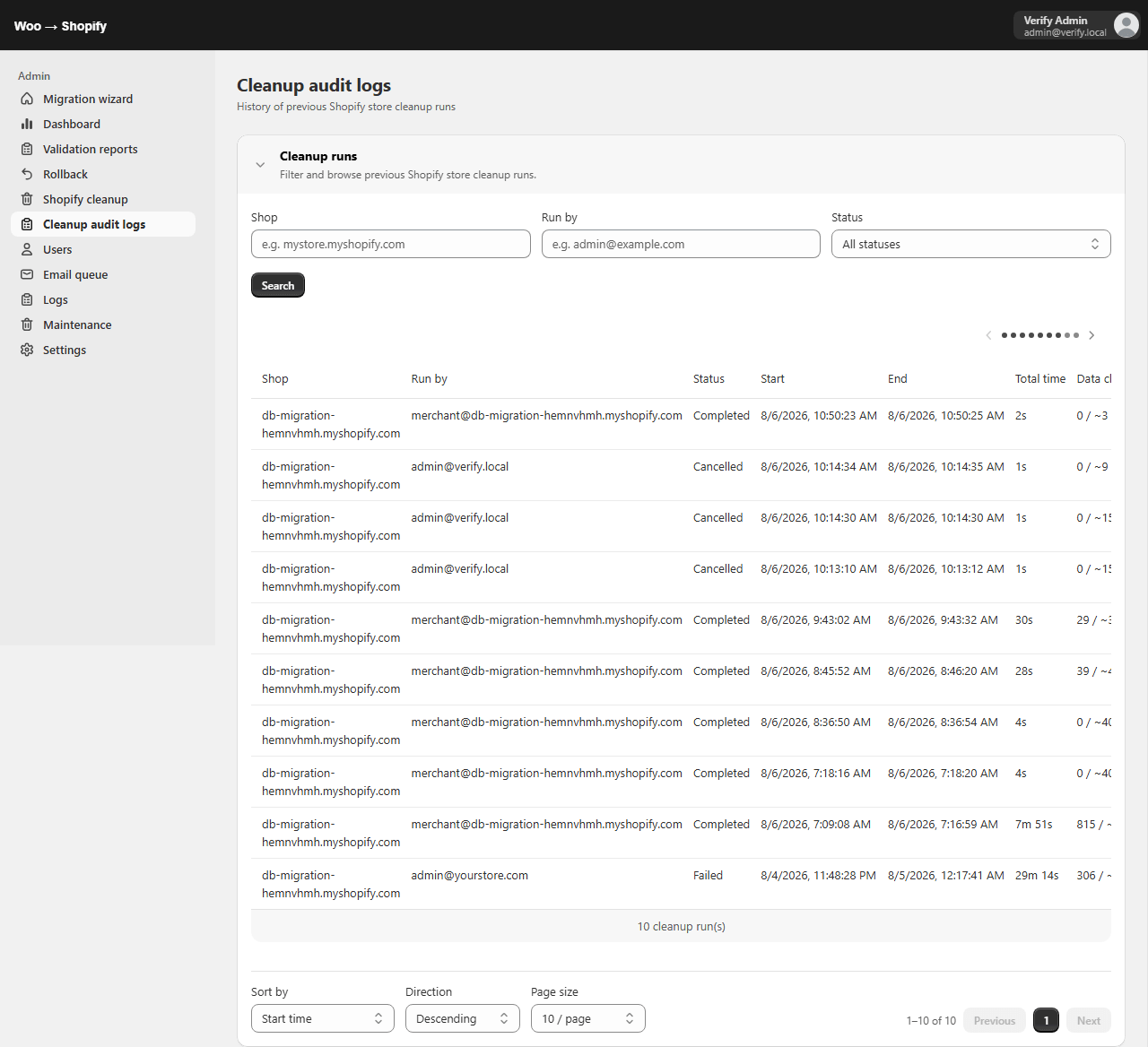 Cleanup history page