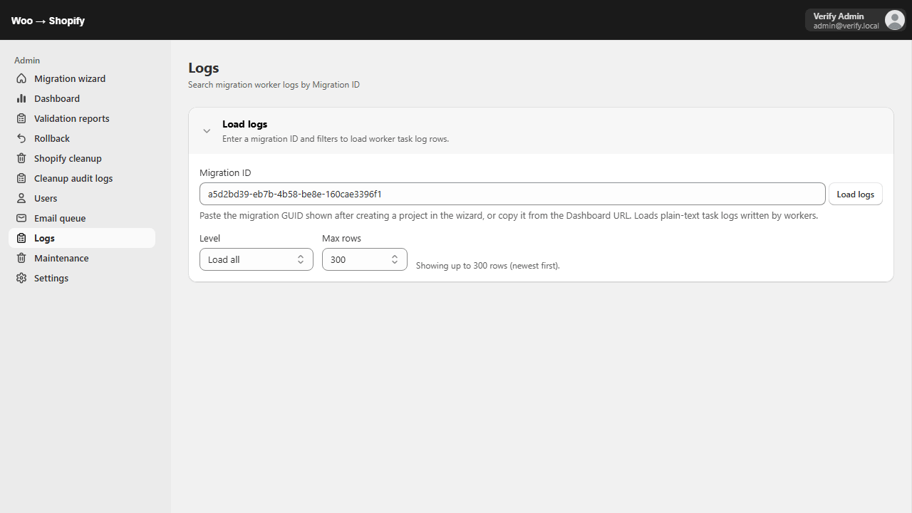Logs page