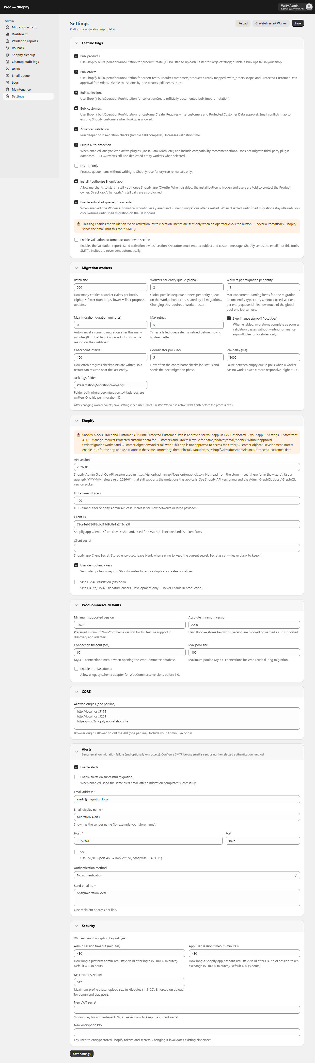 Settings page