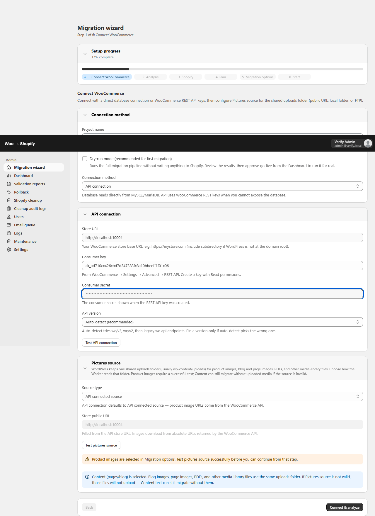 API connection method in the migration wizard
