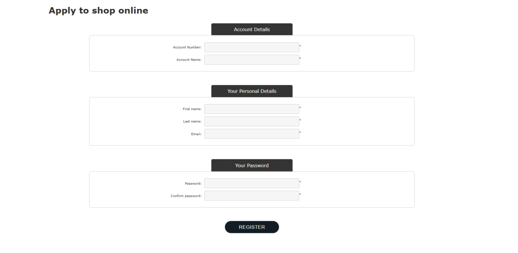 Apply to shop online: account number and account name required Apply to shop online: account number and account name required