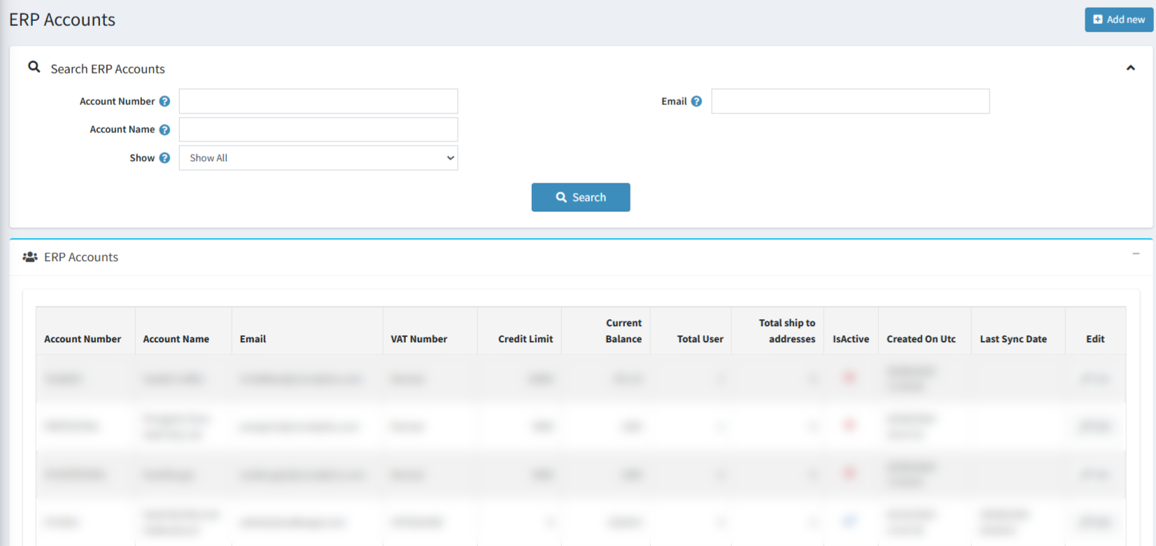 Admin ERP accounts with credit limit and ship-to branches Admin ERP accounts with credit limit and ship-to branches