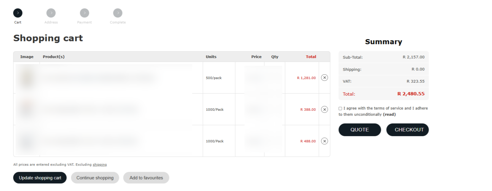 Shopping cart: Quote and Checkout on the same basket, prices excluding VAT Shopping cart: Quote and Checkout on the same basket, prices excluding VAT